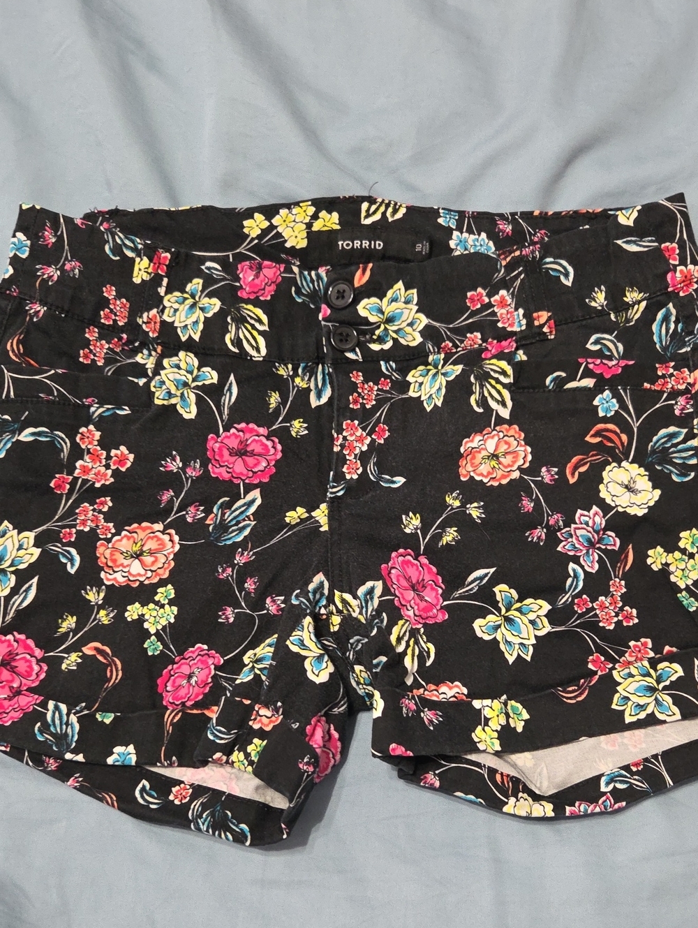 torrid Black Floral Stretch Shorts with Pink & Yellow Blooms